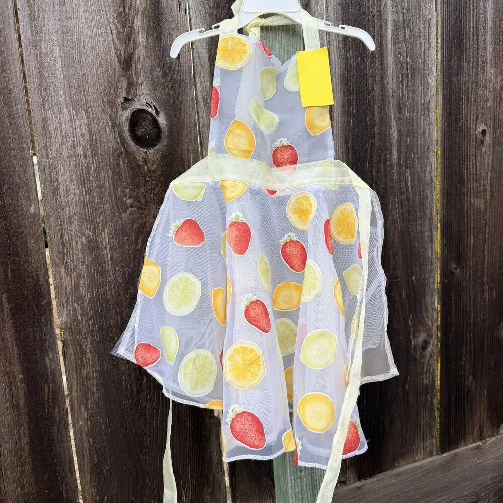 NWT PartyGirlAprons Sheer Fruit Print Hostess Apron Strawberry Lemon Citrus OS